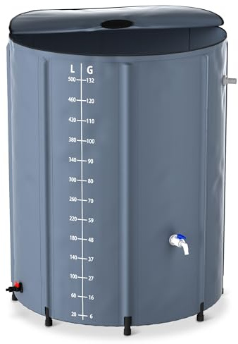 YUENFONG 500 l regntunna regnvattentunna 132 gallon vikbar regnvattentank med skalindikering PVC regntank med inklusive ABS dräneringsventil, för trädgård, terrass, mörkgrå
