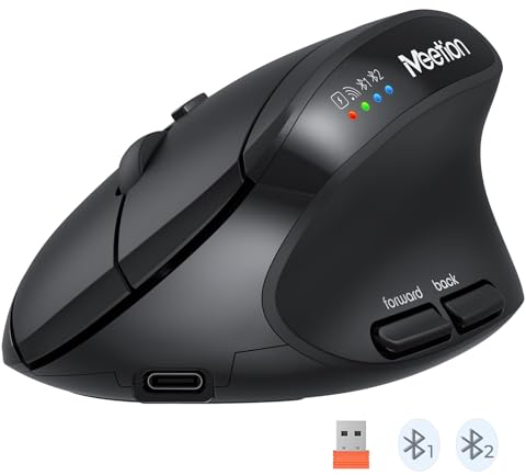 MEETION Ergonomische Maus, Kabellose Vertikale Wiederaufladbare Mäuse, 4 Einstellbare DPI 2400, Bluetooth 5.2+5.2+USB-Maus für Windows/Mac, für Laptop/PC/Computer/iPad - Schwarz