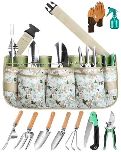 Grenebo Juego de herramientas de jardín todo en uno con cinturón organizador de herramientas ajustable, 10 piezas de herramientas de mano de jardinería resistentes, kit de herramientas de jardín