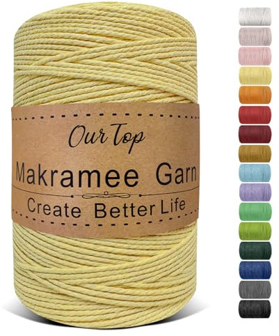 OurTop Makramé-rep 2 mm x 500 m, Makramé-garn för pyssel, hantverk, gobeläng, boho-dekoration (ljusgul)
