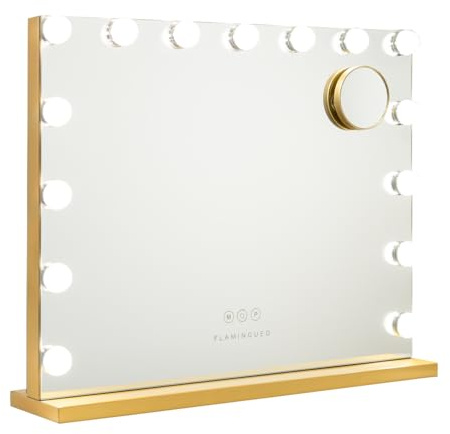 Flamingueo Sminkspegel med Belysning - 15 LED - 3 Lägen - Justerbar Intensitet - Touch Control - USB-Port - Förstoringsspegel Ingår - Hollywood Spegel - Gold - 58x12x48cm