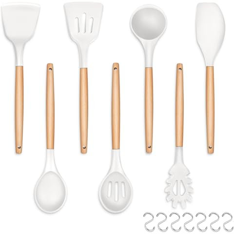HaWare Juego de utensilios de cocina, 7 piezas, utensilios de cocina de silicona blanca, mango de madera resistente al calor para utensilios de cocina antiadherentes, herramientas de cocina que