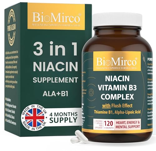 Niacin Supplements with Flush Effect, B3 Vitamin Supplement, Nicotinic Acid, B1 Thiamine, ALA, 120 Capsules, Cognitive Function, Cholesterol, Heart & Energy, 50mg Active Form (niacinamide alternative)