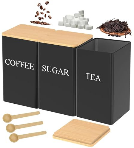 XoeLLe 3 Pièces Boite Hermetique Alimentaire, Bocaux à Épices, Bocaux Rangement Cuisine Noir, Pots et Bocaux de Conservation, pour Stocker des Aliments, Café, Thé, Sucre avec