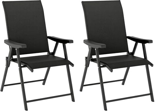 Outsunny Garden Dining Chairs Set of 2, Folding Garden Chairs with All Weather Texteline Back and Seat, Outdoor Dining Chair with Armrests, Steel Frame for Terrace Balcony, Black