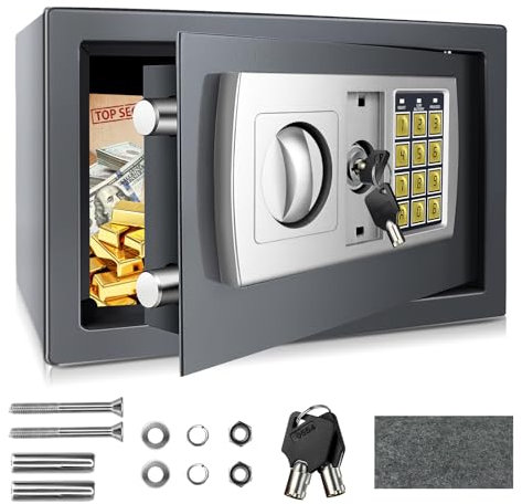 8.5L Electronic Digital Safe Box, Fireproof Security Box Home Office Money Cash Jewelry Steel Safety Box with 2 keys, Wall Mounted Mini Safe for Home Office Hotel, 31 x 20 x 20 cm, Grey