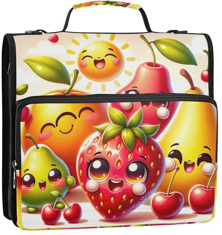 Cute Cartoon Fruits 3 Ring Binders 1.5 Inch D Ring Binder Zipper Organizer Keeper Binder Bag with Strap for School Fabric Multi Pockets Large Portfolio Folder