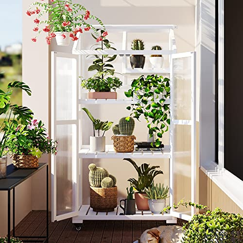 62inch Height Wood Large Greenhouse Balcony Portable Cold e with Wheels and Adjustable Shelves for Outdoor Indoor Use, White