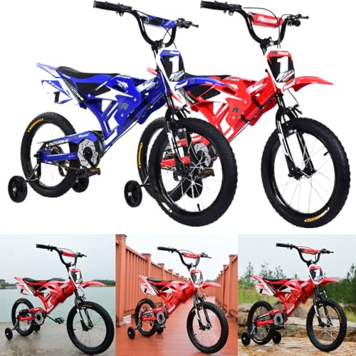 LSLIFE Kids Bike 12 16 18 Inch Boys Motorcycle Bike Kids Motorbike for 2-9 Years Old Boys Girls Motor Shaped bike with Simulated Motorbike Sound Removable Stabilisers Wheels (18 In Red)