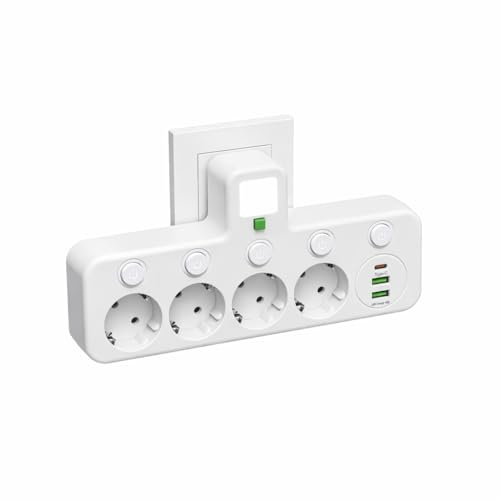Regletas Enchufes Pared con USB C(PD 20W), Ladron Enchufes con Interruptor, Regleta 4 Enchufes Conmutable Individualmente, Base Enchufes Multipl Blanco