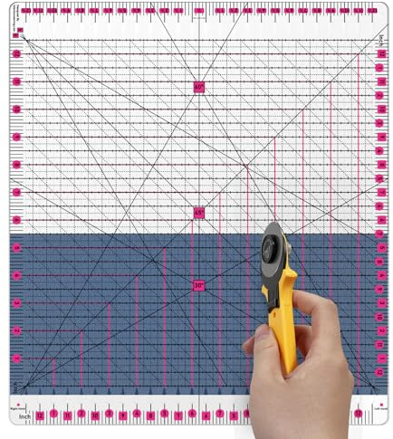 12.5x12.5 Inch Slotted Quilting Ruler with 45°/60° Multi-Angle, Non-Slip Grips & Cutting Grooves, Acrylic Sewing Ruler for Fabric Cutting and Patchwork