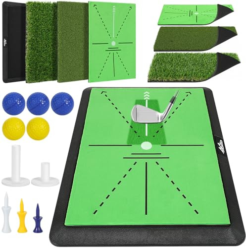 MoKo Golf Hitting Mat, 3 in 1 Golf Practice Mat for Swing Path Feedback Includes Fairway, Rough & Putting Pad Training Mats on No-Slip Rubber Base, Golfer Gifts for Men Women