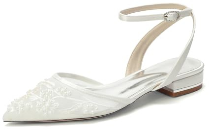 Yhsdfcn Bailarinas Slingback de Punta para Novia, Zapatos Planos con Talón Abierto y Tira al Tobillo, Zapatos Elegantes con Malla y Bordado Floral,Marfil,39 EU