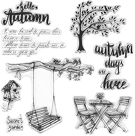 Hello Autumn Clear Stamps Silicone Stamp Cards with Sentiments, Sweet Garden Swing Clear Stamps for Holiday Card Making Decoration and DIY Scrapbooking Album DIY Crafts