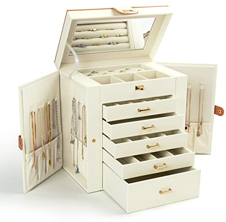 KAMIER 6-stöckiger Schmuckkasten aus edlem Naturholz mit luxuriösem Flanell und großem Spiegel – Geräumige Schmuckschatulle mit seitlich öffnenden Türen für Ringe, Ohrringe & Armbänder, Weiß