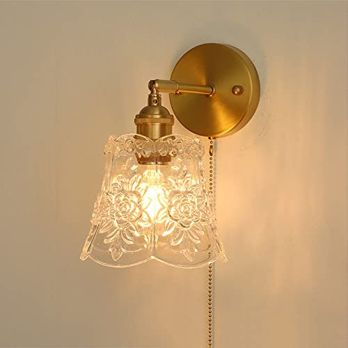 vägglampa i mässing med dragströmbrytare vägglampskärm i glas elegant sänggavellampa, modern väggmonterad belysningsarmatur, vardagsrum sovrum sängbord deco vägglampor