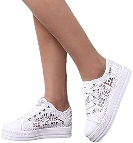 Agiyenn Baskets pour Femmes Chaussures Légères et Respirantes en Dentelle Ajourée avec Talon Compensé Baskets d'Été Antidérapantes Basses Chaussures de Marche en Plein Air