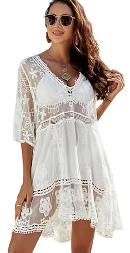 XiYee Damen Strandkleid, Spitze V Ausschnitt Badeanzug Transparent, Strandponcho Bikini Cover Up, Bademode Elegant Sommerkleid,Strandurlaub Badeanzug Bikini Beachwear (Weiß)