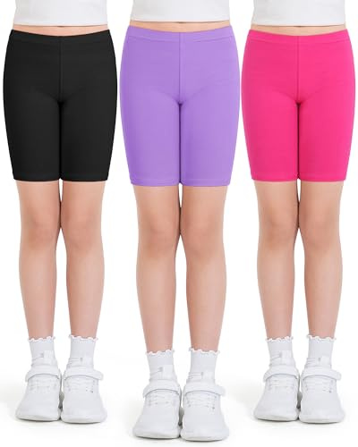 Auranso Girls Cycling Shorts 7-8 Years PE Dance Short Leggings Kids Summer Over Knee Half Length Cycle Shorts 3 Pack Black Rose Purple