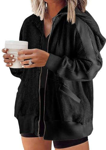 Eytino Womens Plus Size Shacket Jacket Casual Long Sleeve Zip Up Pockets Oversized Hoodies Sweatshirt,4X Black