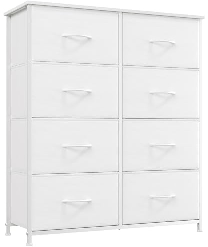 Somdot Tall Chest of Drawers for Bedroom with 8 Drawers, Wide Storage Organiser Fabric Dresser for Closet Nursery Bedside Living Room Laundry Entryway Hallway, White Leather