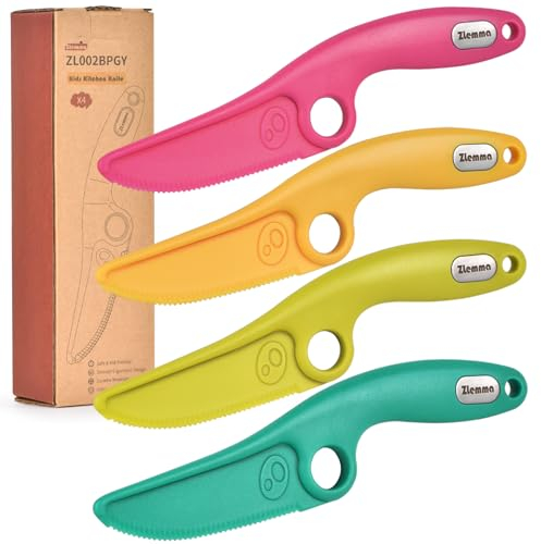 ZLemma Kindermesser mit Lernring für echtes Kochen, einzigartiges Hundeküchenmesser für sicheres Schneiden, 4-teilige Farbvariation