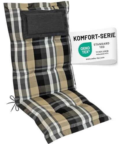 Herlag Hochlehner-Gartenstuhlauflage AVA 123x50x9cm | Extra Dicke Sitzauflage 9 cm mit Kopfpolster | Polsterauflage mit Deluxe-Komfort | Öko Tex 100 | 1 Polster | Beige Kariert