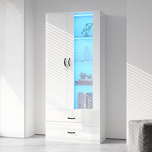 Moimhear Vitrina con iluminación LED de 16 colores, 2 puertas, 2 cajones con puertas de cristal, vitrina de pie, vitrina LED blanca, sala de estar, pared de salón, 304829830AAW-CL