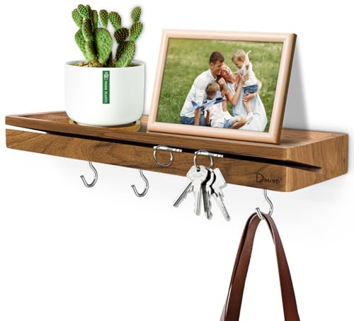 Dmore Schlüsselbrett mit Ablage und 4 Haken, Schlüsselhalter aus edlem Acacia Holz, kreatives Design des Schlüsseleinsatzes erleichtert die Aufbewahrung von mehr Schlüsseln, moderner Wandorganisator