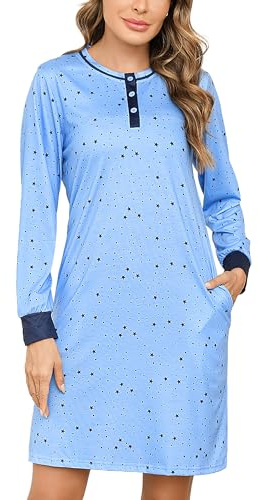 Jahetuul Camicia da Notte a Maniche Lunghe con Tasche e Bottoni - Vestaglia Aperta Davanti con Motivo a Stella - Abito da Notte Donna in Cotone Leggero e Confortevole
