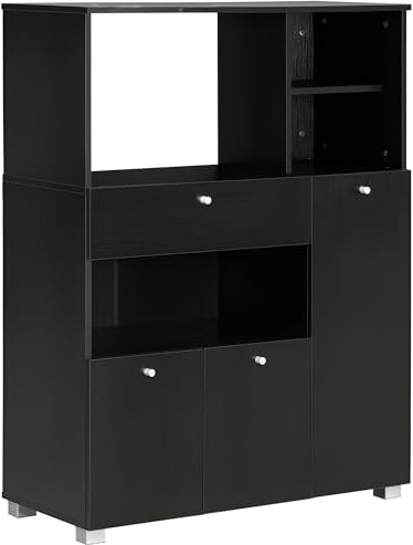 HOMCOM Mueble Auxiliar de Cocina Mueble para Microondas Aparador de Cocina con Cajón Estantes 3 Puertas 3 Compartimientos Diseño Anti-vuelco para Comedor 90x40x120 cm Negro