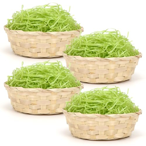 Osterkörbchen mit Deko Gras, 4 Stück Osterkorb Zum Befüllen, Natur Braun Bastkörbe 22.5 * 7.5cm,100g Ostergras Grün, Oster Weidenkörbe, Osternester Korbflechten für Ostern Eier Dekoration