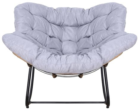 qorkhogr Papasan Chair, Outdoor Rattan Rocking Chair, Patio Comfy Reading Chair With Oversized Cushion, Indoor Recliner Wide Rocking Chair For Balcony, Front Porch, Garden, Living Room Grey