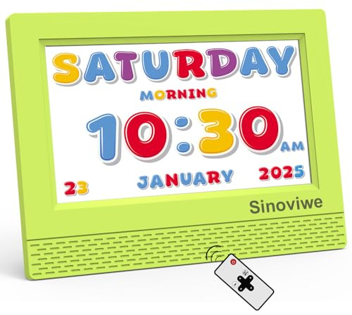 Sinoviwe Kids Alarm Clock with 7'' HD Digital Screen, Calendar Function,It is Perfect for Kids Aged 3-18 Years Old with Remote Control and Custom Reminder Function for Birthdays (Green)