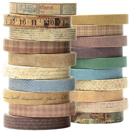 BINKUOMCG 20 Rolls Vintage Washi Tapes, 7mm Wide Retro Arts Decorative Tape, Antique Patterns Masking Tape for DIY, Scrapbooking, Planners,Journaling, Gift Wrapping (Colorful)