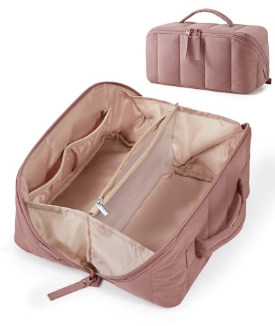 BAGSMART Travel Makeup Cosmetic Bag for Women, Flat Lay, with Clear Pocket | Wide Opening Make up Bag, for Brush, Travel Accessories, Holiday Gift, Dark Pink