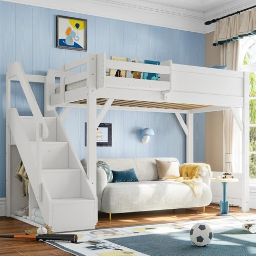 Bellemave Twin Size Kids Loft Bed with Stairs and Wardrobe,Solid Wood Loft Bed Frame Twin Size with Bookshelf for Kids,Boys,Girls,Space Saving,White
