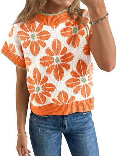 Saodimallsu Womens Floral Sweater Tops Short Sleeve Vintage Crew Neck Loose Knit Summer Pullover Sweaters Orange