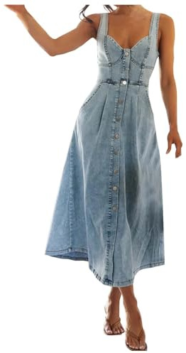 Boyfriend - Vestido vaquero para mujer, vestido bohemio, sexy, vestido de vaquera, ligero y aireado, vestido de polo para mujer, vestido maxi de línea A, tallas grandes, sin mangas, vestido de verano