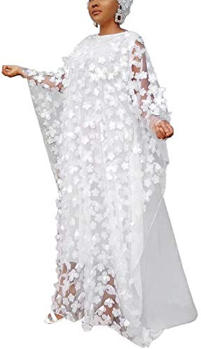 HD African Women Applique Flower Dress Boat Neck Chiffon Kaftan Dress One Size, White, One Size