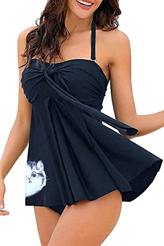 NLAND Costume da Bagno Donna Due Pezzi retrò Tankini Set Push Up Halter Costumi da Mare Stampa Floreale Spiaggia Piscina Beachwear Swimwear(Gatto Nero,XXL)
