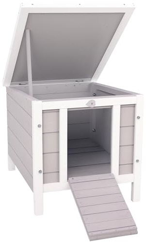 PawHut Gabbia per Conigli in Legno con Tetto Apribile in Asfalto, Conigliera con Rampa di Accesso Antiscivolo, 51x42x43 cm, Grigio