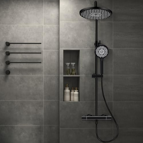 Juego de Mezclador Ducha,Sistema de Ducha con Termostato,Juego de Ducha,Diseño Redondo con Cabezal Ducha Tipo Lluvia,Ducha de Mano de Altura Ajustable,Juego de Ducha Cromado anti Escaldado (Negro)