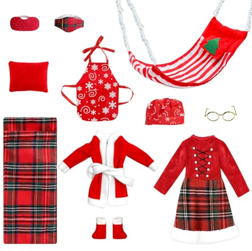 BEIREG Christmas Elf Doll Clothes Set – Santa Bathrobe, Plaid Dress, Sleeping Bag, Hammock, Apron, Boots & Accessories for Girls & Boys
