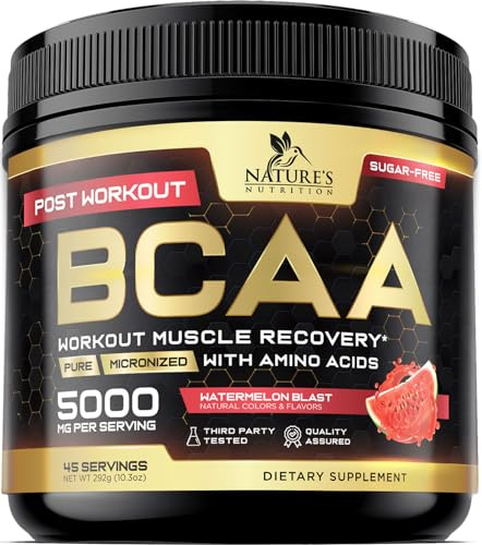 BCAA Powder with L-Glutamine & Amino Acids 5000mg - Best Sugar Free BCAAs Endurance Muscle Recovery Supplement for Post Workout - Branched Chain Amino Acid Energy Women & Men, Watermelon, 45 Servings