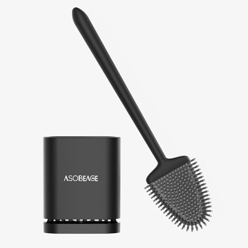 ASOBEAGE Brosse de Toilette en Silicone : Tête Flexible, Long Manche, Fixation Murale, Support à séchage Rapide pour Le Nettoyage de la Salle de Bain (Noir)