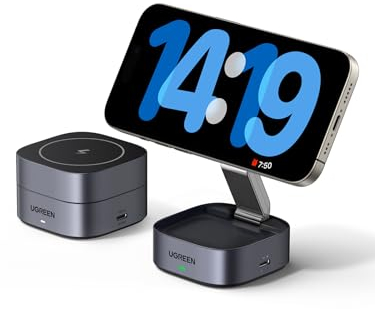 UGREEN MagFlow 2 in 1 iPhone Ladestation kompatibel mit MagSafe faltbares Wireless Charger für iPhone 16/16 Pro/16 Pro Max/15/14/13/12, AirPods, Winkel-Einstellbarer Ladeständer, mit 1M Kabel