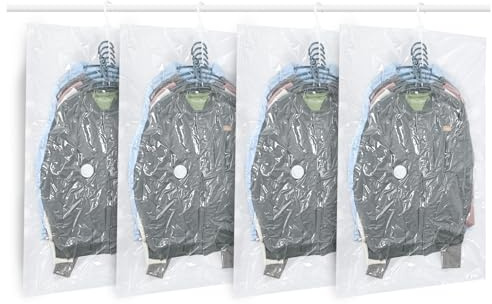 ZWMYF Bolsas colgantes de almacenamiento al vacío, 4 bolsas de vacío que ahorran espacio para ropa, trajes, vestidos, abrigos o chaquetas, organizador de armario transparente y reutilizable
