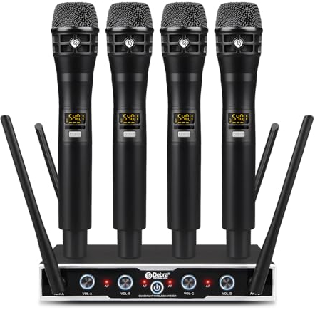 D Debra UHF Wireless Mic System, 4x16 Adjustable Channels, Dynamic Handheld Mics, Auto Frequency Sync, 80m Range for Vocals, Karaoke (4 Mics)
