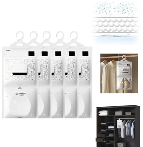 5 Pack x 100g Deumidificatori Armadio, Buste deumidificatore da Appendere, Set Anti-Muffa Sacchetti Deumidificanti, per Eliminare Assorbire Umidità, per Seminterrati, Armadi, Lavanderie